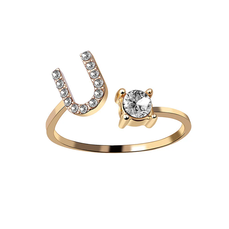 A-Z Letter Gold Color Metal Adjustable Opening Ring - Image 10