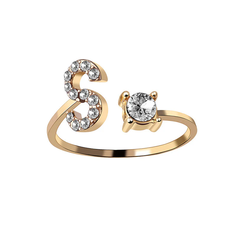 A-Z Letter Gold Color Metal Adjustable Opening Ring - Image 14