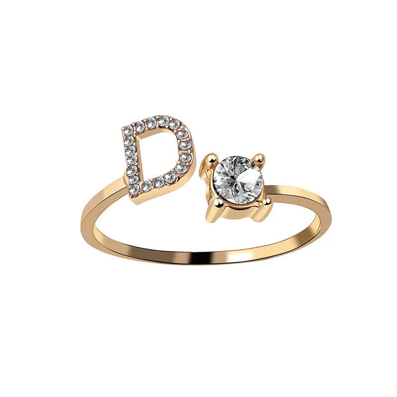 A-Z Letter Gold Color Metal Adjustable Opening Ring - Image 15