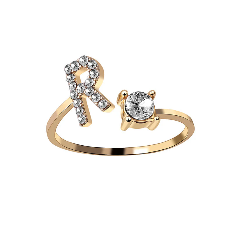 A-Z Letter Gold Color Metal Adjustable Opening Ring - Image 20