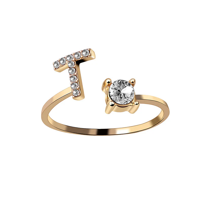 A-Z Letter Gold Color Metal Adjustable Opening Ring - Image 21