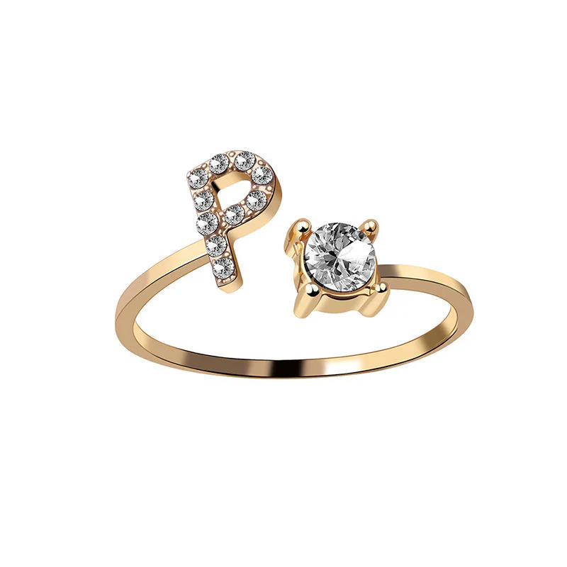 A-Z Letter Gold Color Metal Adjustable Opening Ring - Image 23