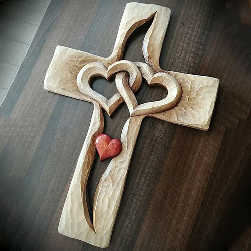 Carved Wooden Cross - Intertwined Hearts - Image 3