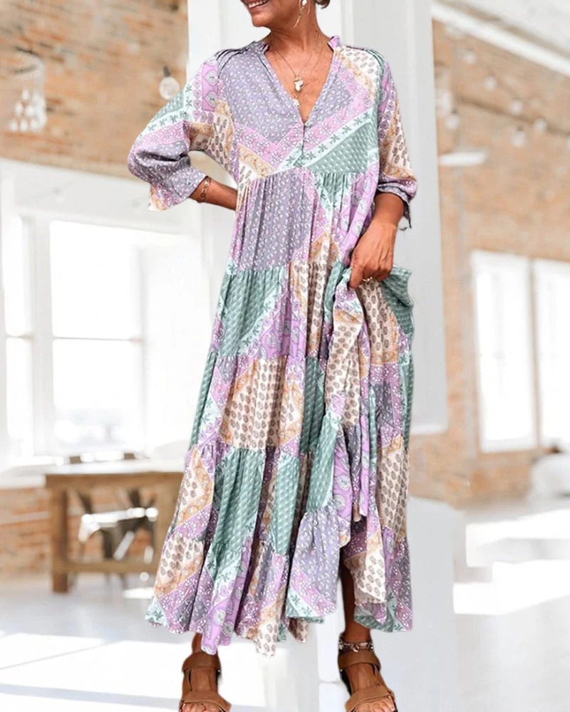 Color Block Print Dress with 3/4 Sleeves - Image 2