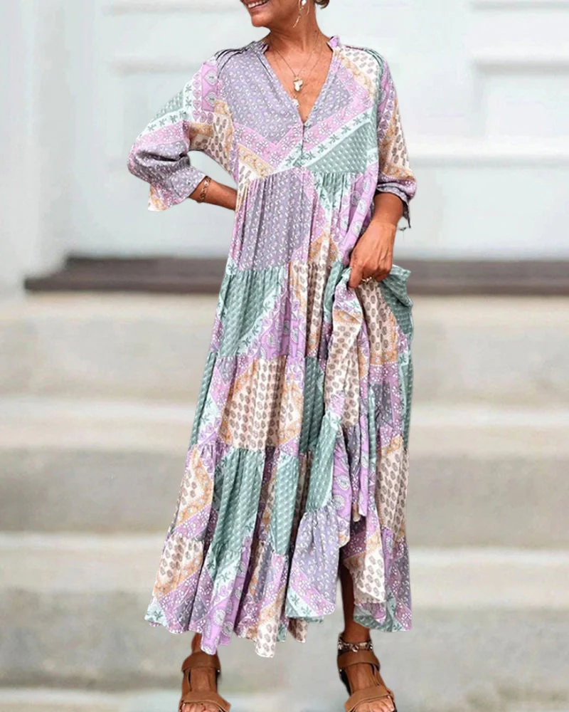 Color Block Print Dress with 3/4 Sleeves - Image 3