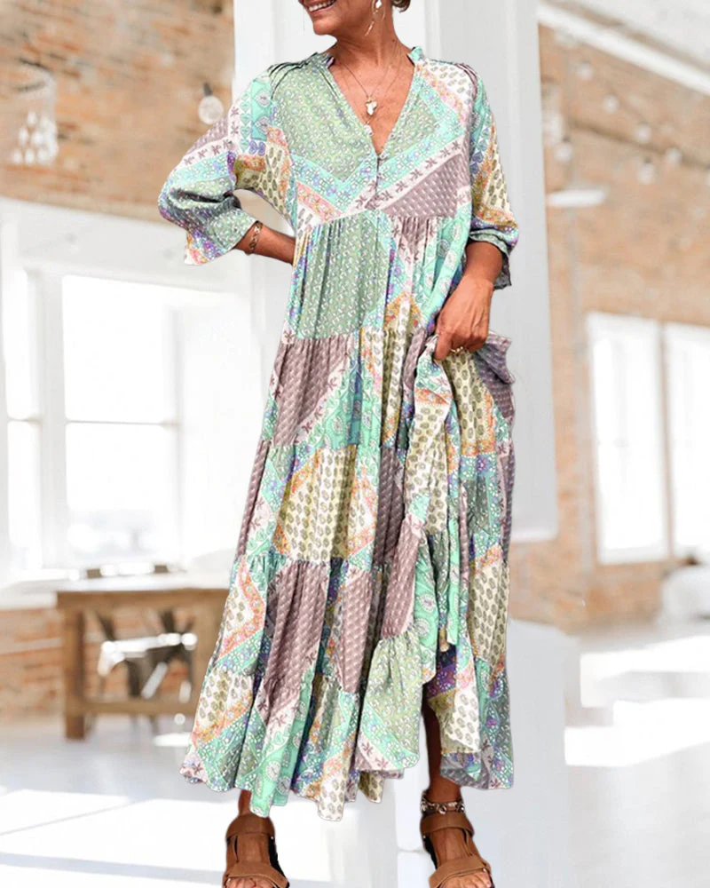 Color Block Print Dress with 3/4 Sleeves - Image 4