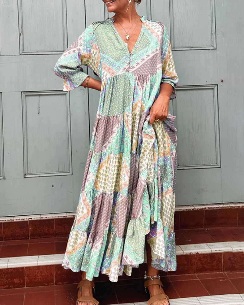 Color Block Print Dress with 3/4 Sleeves - Image 7
