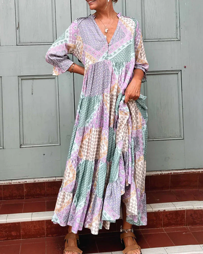 Color Block Print Dress with 3/4 Sleeves - Image 8