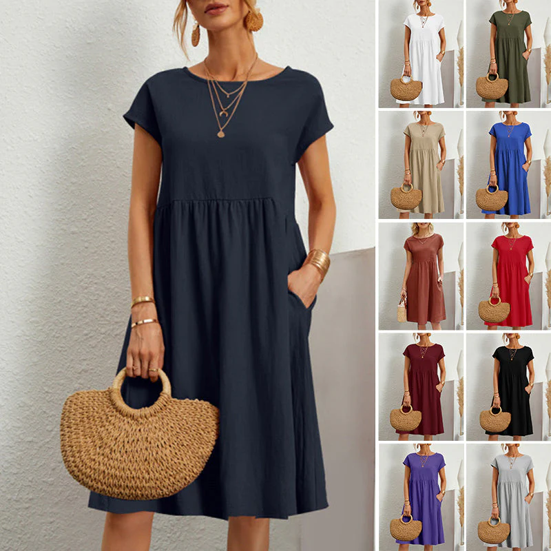 Cotton Crew Neck A-Line Dress - Image 2
