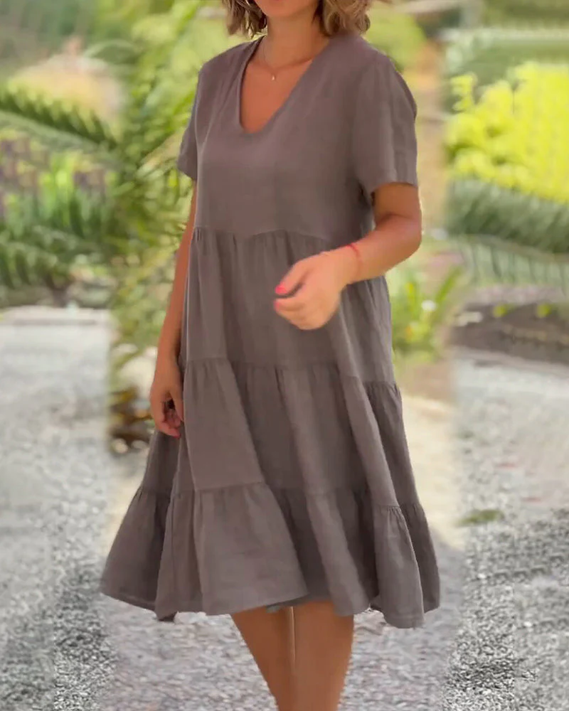 Cotton linen v-neck solid color dress - Image 10