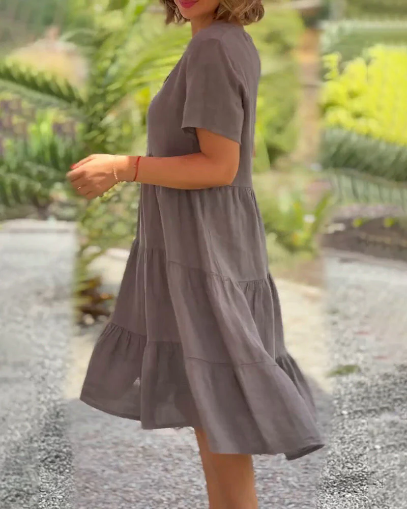 Cotton linen v-neck solid color dress - Image 2