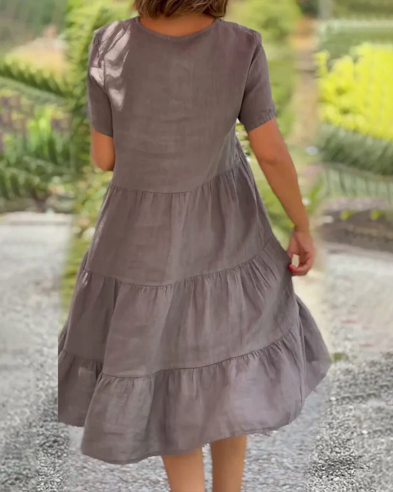 Cotton linen v-neck solid color dress - Image 3