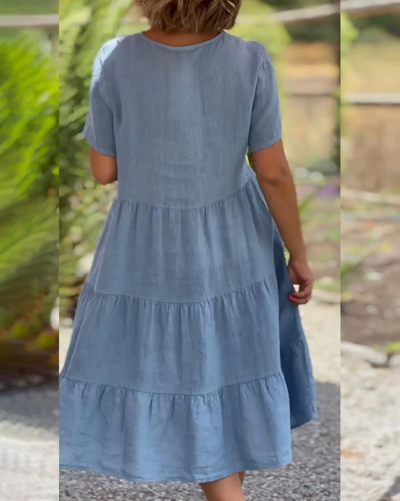 Cotton linen v-neck solid color dress - Image 4