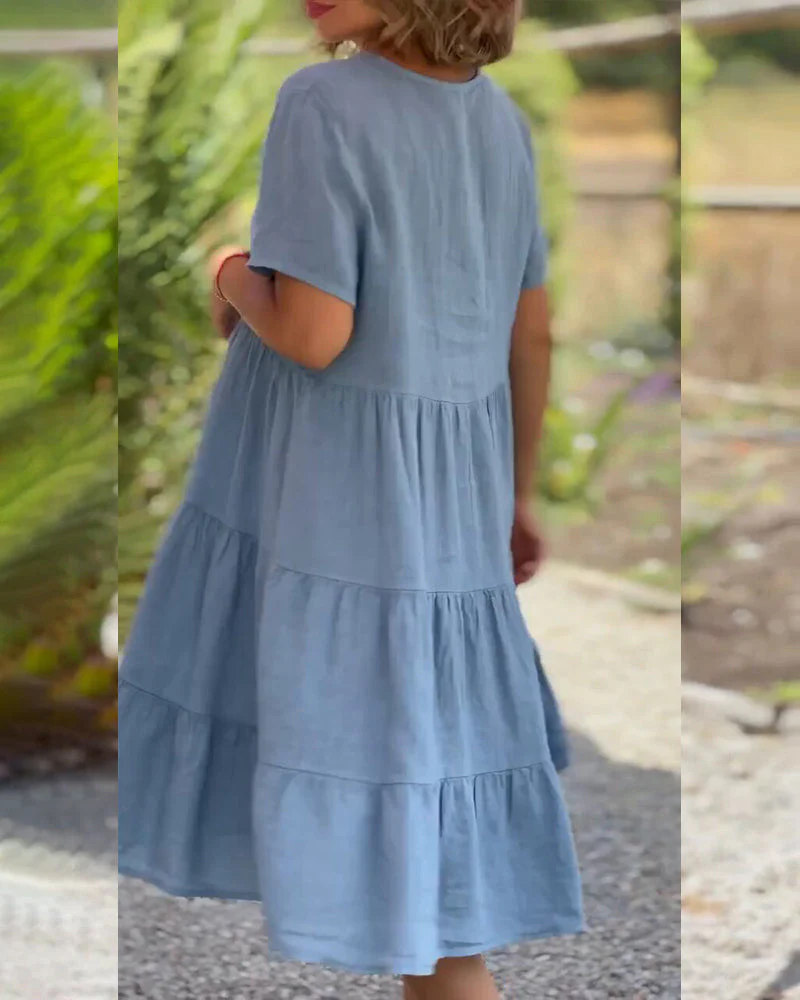 Cotton linen v-neck solid color dress - Image 5