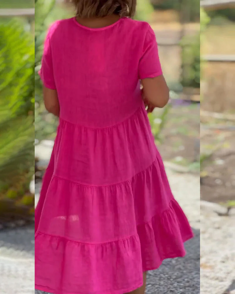 Cotton linen v-neck solid color dress - Image 6