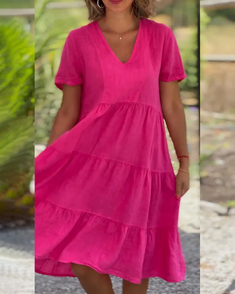 Cotton linen v-neck solid color dress - Image 7