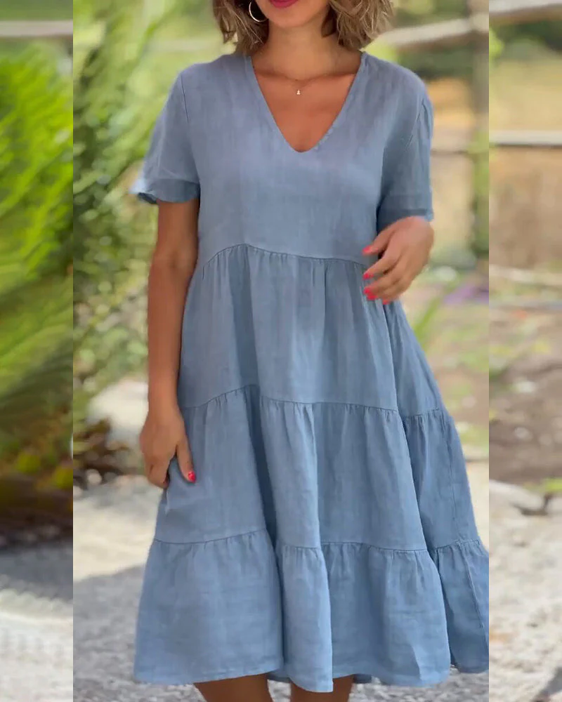 Cotton linen v-neck solid color dress - Image 9