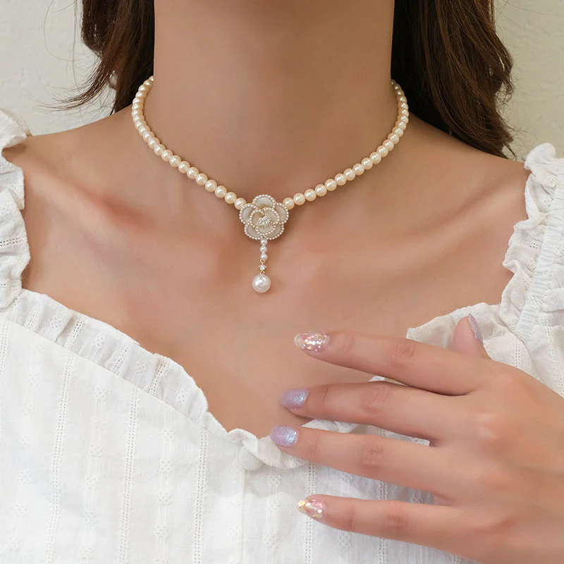 Elegant Pearl Camellia Necklace - Image 2