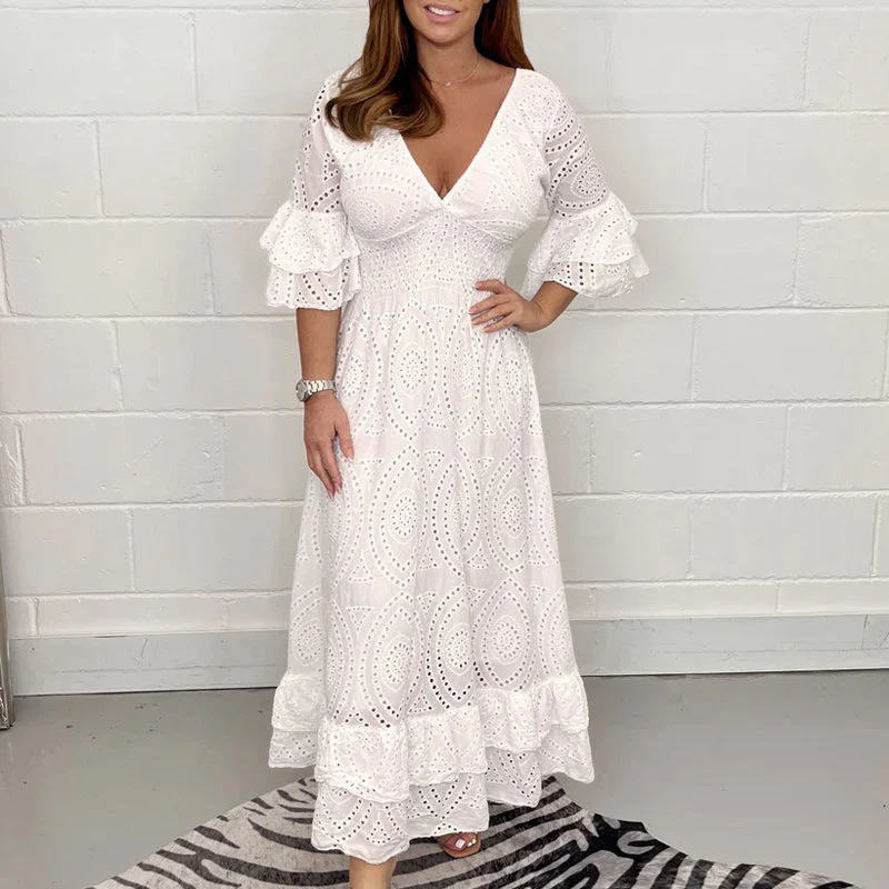 Embroidery Anglaise Frill Sleeve Midi Dress - Image 14