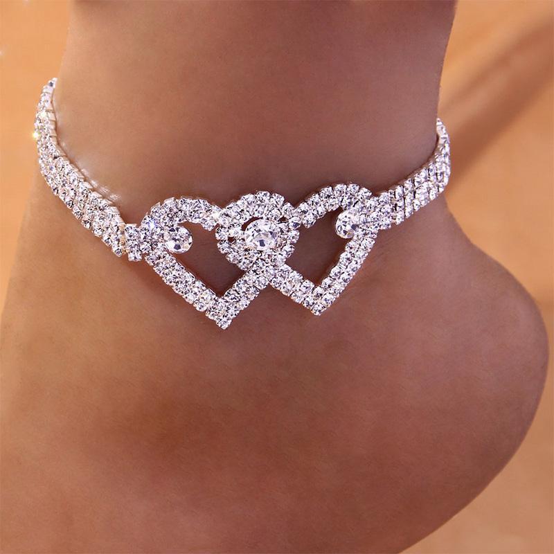 Fashion Rhinestone Double Heart Anklet - Image 6