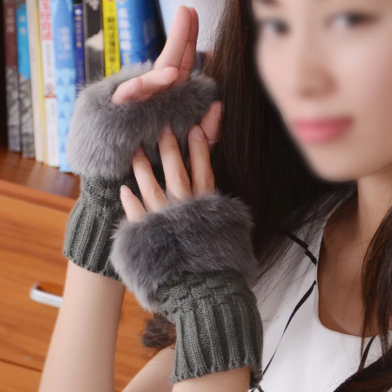 Faux Rabbit Fur Half Finger Gloves - Image 11