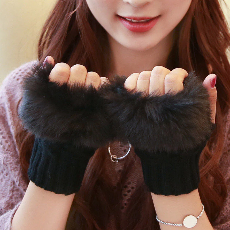 Faux Rabbit Fur Half Finger Gloves - Image 12
