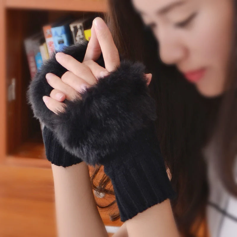 Faux Rabbit Fur Half Finger Gloves - Image 2