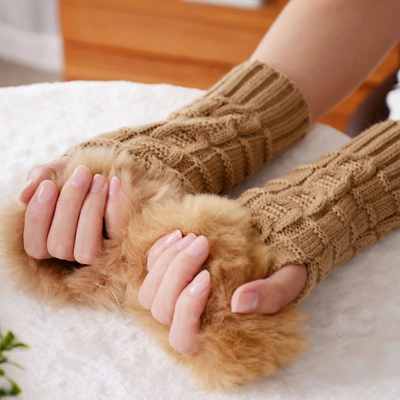 Faux Rabbit Fur Half Finger Gloves - Image 3