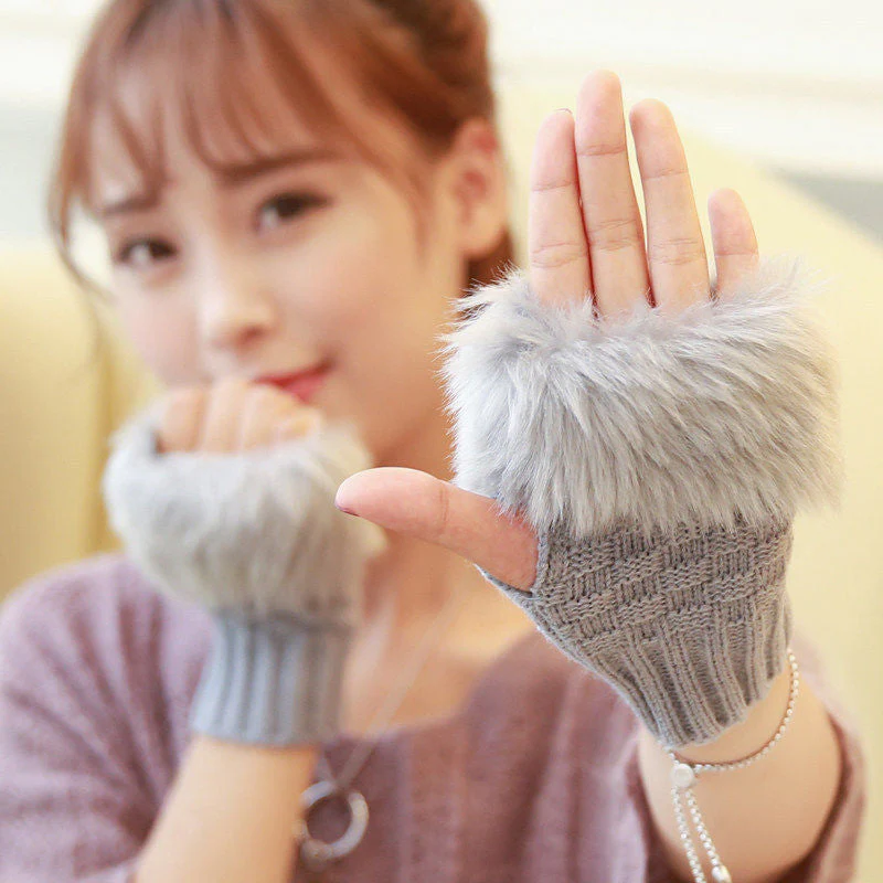 Faux Rabbit Fur Half Finger Gloves - Image 5