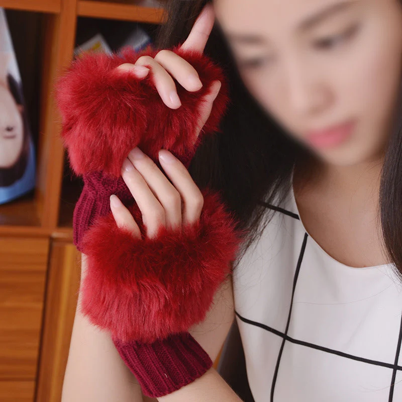 Faux Rabbit Fur Half Finger Gloves - Image 9