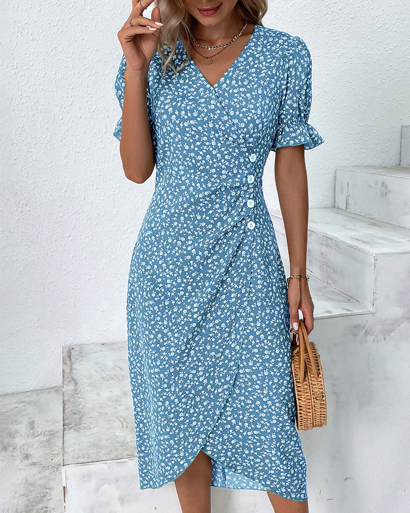 Floral print button short sleeve dress - Image 16