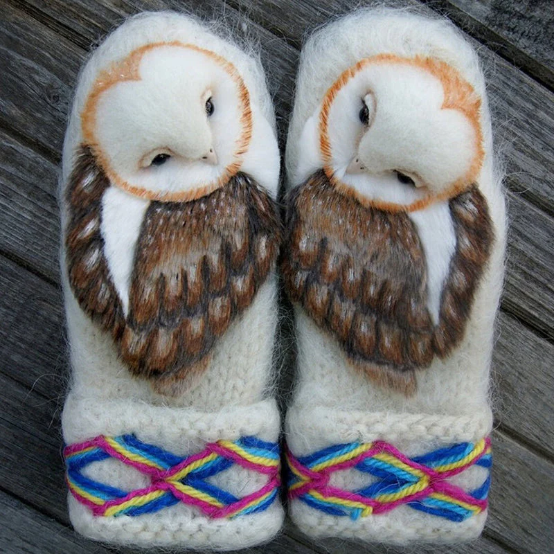 Hand Knitted Nordic Mittens With Owls - Image 3