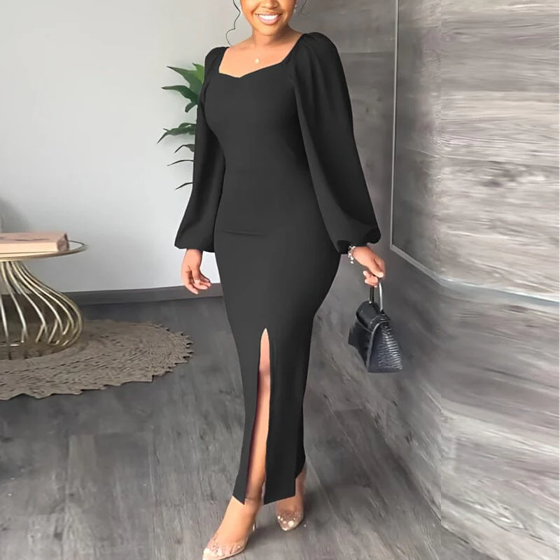 Long Sleeve Square Neck Slit Maxi Dresses - Image 10
