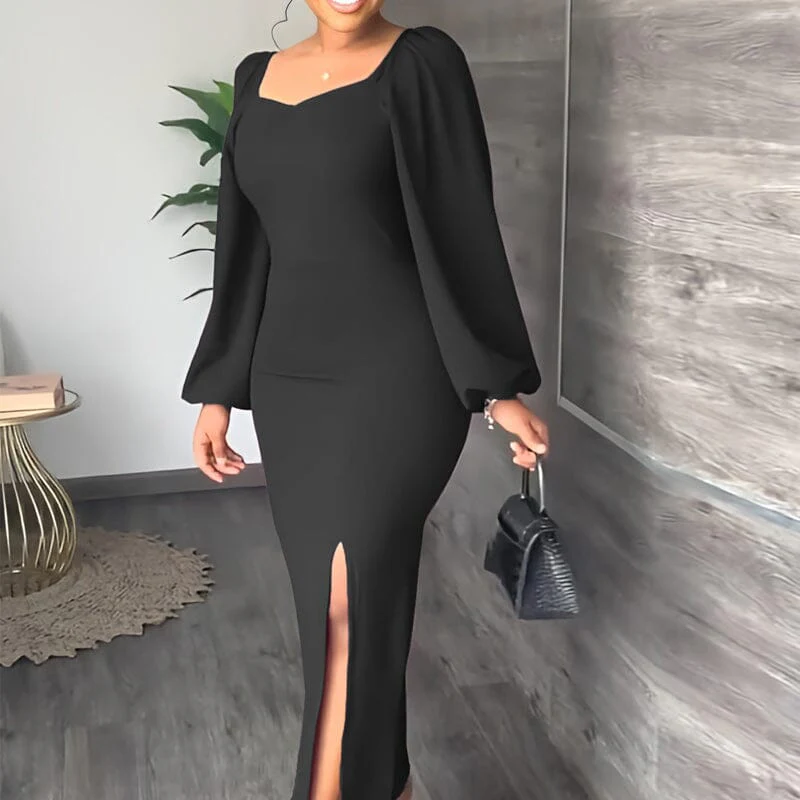 Long Sleeve Square Neck Slit Maxi Dresses - Image 11