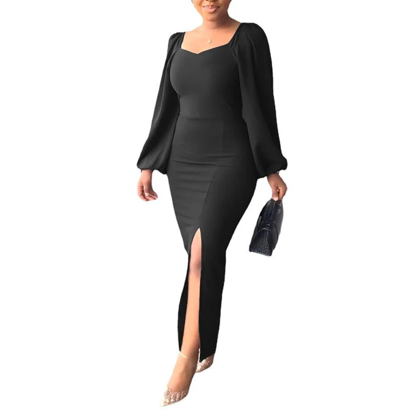 Long Sleeve Square Neck Slit Maxi Dresses - Image 13