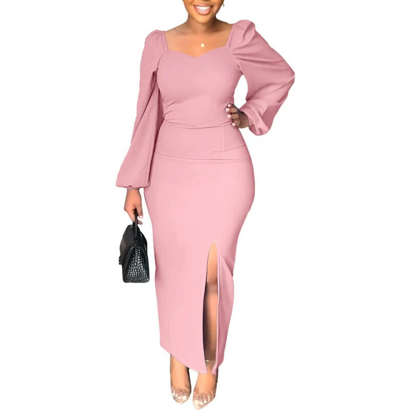 Long Sleeve Square Neck Slit Maxi Dresses - Image 14
