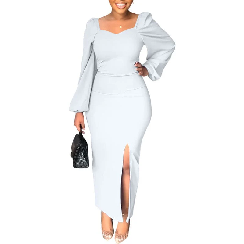 Long Sleeve Square Neck Slit Maxi Dresses - Image 16
