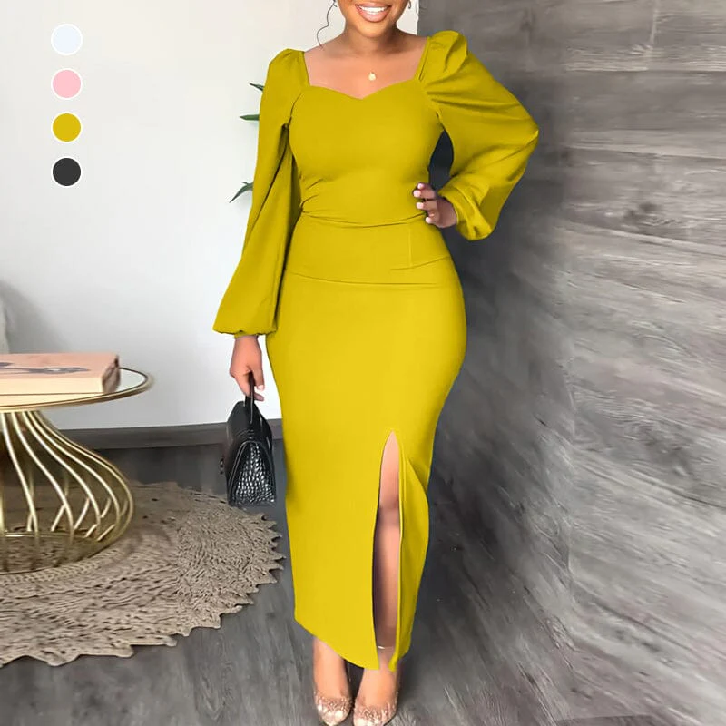 Long Sleeve Square Neck Slit Maxi Dresses - Image 2