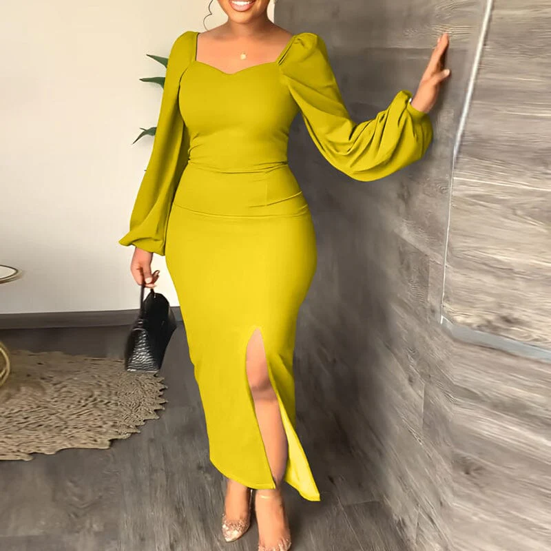 Long Sleeve Square Neck Slit Maxi Dresses - Image 3