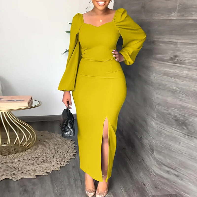 Long Sleeve Square Neck Slit Maxi Dresses - Image 4