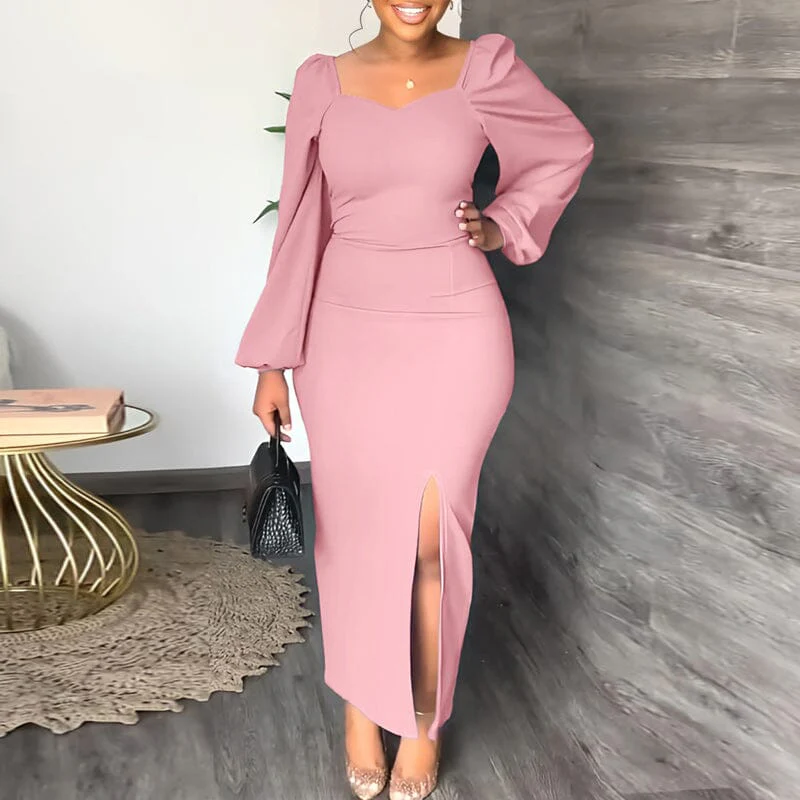 Long Sleeve Square Neck Slit Maxi Dresses - Image 5