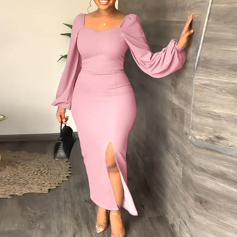 Long Sleeve Square Neck Slit Maxi Dresses - Image 6