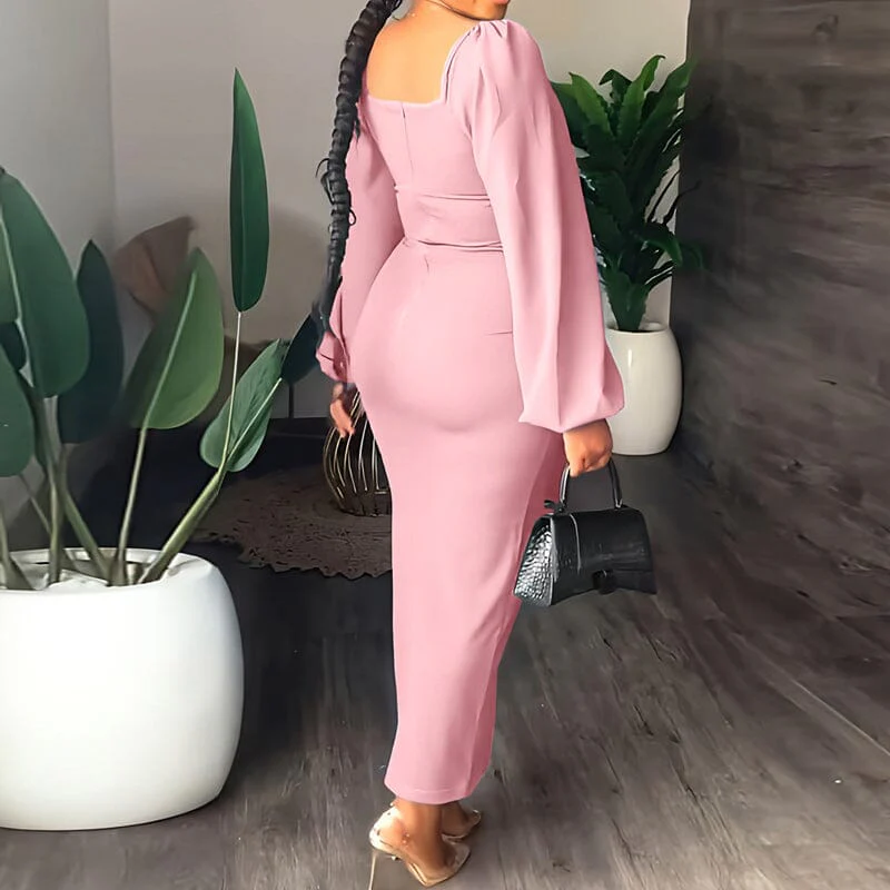 Long Sleeve Square Neck Slit Maxi Dresses - Image 7