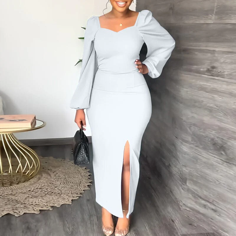 Long Sleeve Square Neck Slit Maxi Dresses - Image 8