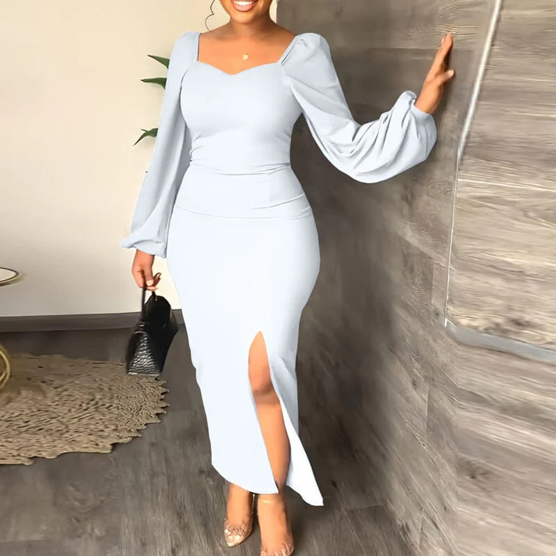 Long Sleeve Square Neck Slit Maxi Dresses - Image 9