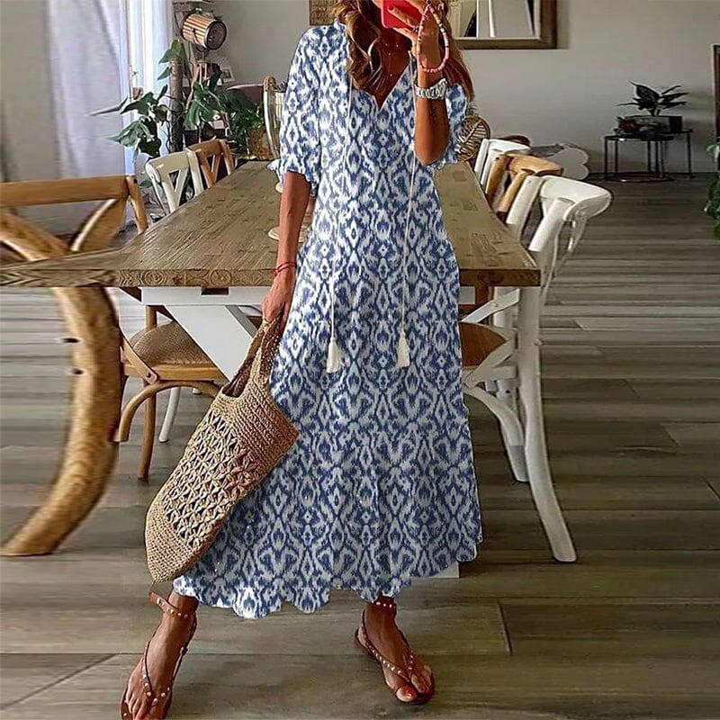 Loose V Neck Printed Long Dress - Image 10