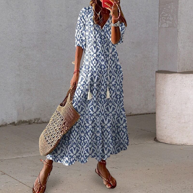 Loose V Neck Printed Long Dress - Image 4