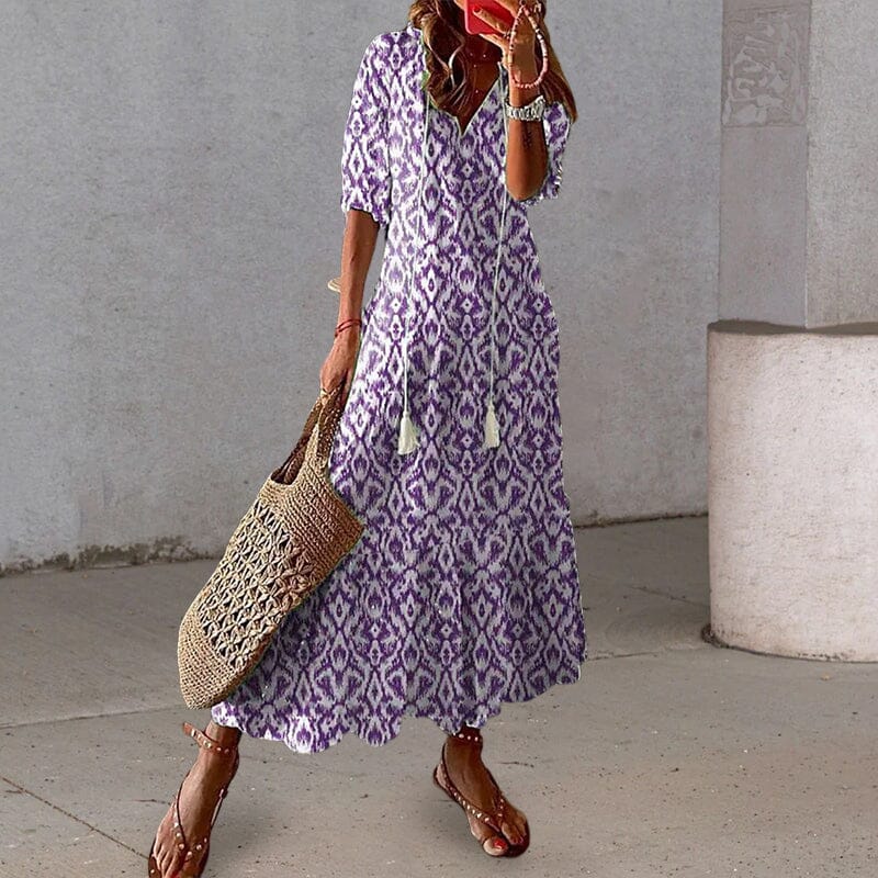 Loose V Neck Printed Long Dress - Image 5