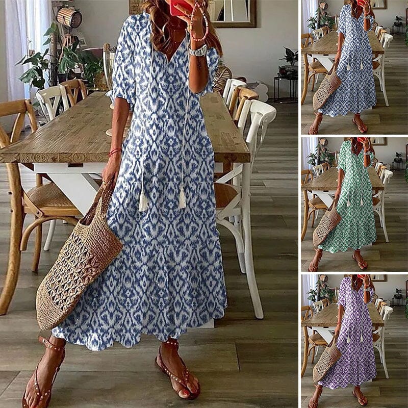 Loose V Neck Printed Long Dress - Image 8