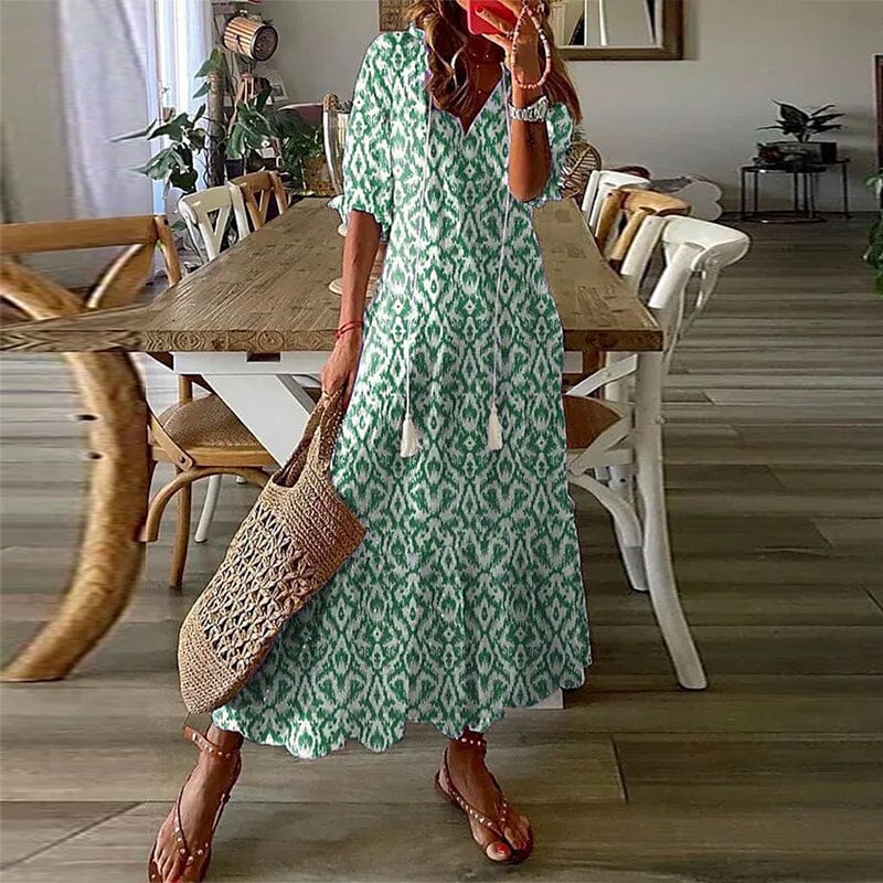 Loose V Neck Printed Long Dress - Image 9